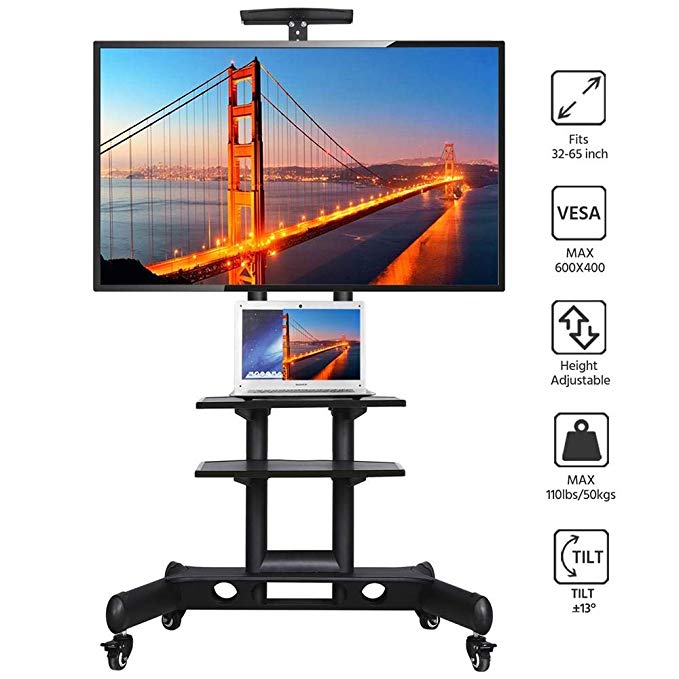 Yaheetech Portable Floor TV Stand for 32 to 65 inch Plasma/LCD/LED - Mobile TV Cart with 3-Tier Tray Heavy Duty Home Display Trolley with Non-Marking Castor Wheels