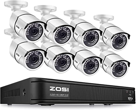 ZOSI 1080p H.265  Security Camera System for Home, 5MP Lite 8 Channel CCTV DVR and 8 x 1080p Weatherproof Bullet Cameras Outdoor Indoor with 120ft Night Vision and 105°Wide Angle (No HDD Included)