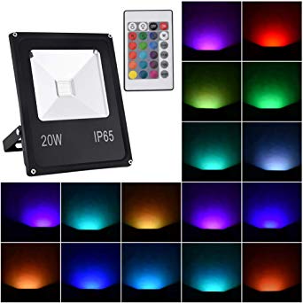 20W RGB LED Flood Lights, IP65 Waterproof Security Light, 2000LM Dimmable Color Changing Floodlight with Remote Control, 16 Colors Wall Washer Light, for Outdoor Decorative Garden Stage Lighting