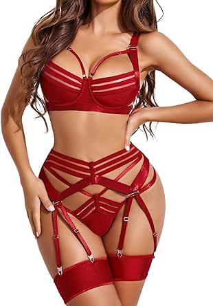 Avidlove Lingerie Set for Women Sexy Strappy Lingerie with Underwired Push Up Bra Support Garter Lingerie