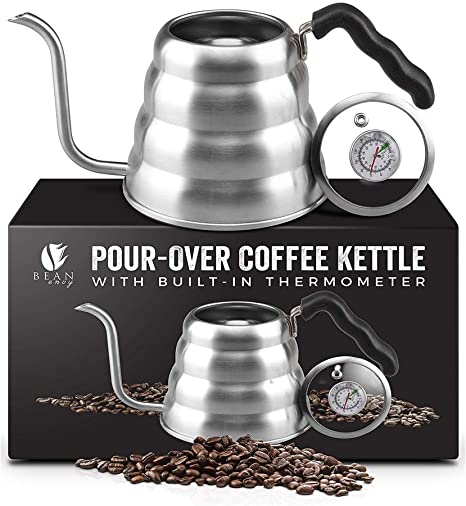 Bean Envy Gooseneck Pour Over Coffee Kettle - 1180ml/1.2L - Premium Grade Stainless Steel - Insulated BPA Free Plastic Ergonomic Handle - Glass Top with Built-in Thermometer