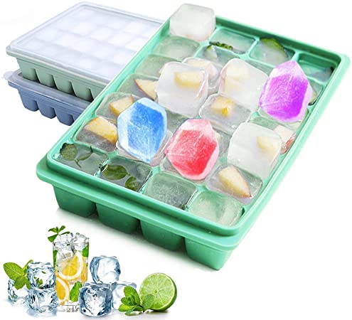 Raniaco Silicone Ice Cube Trays with Lid BPA Free,28-Ice Tray Food Grade Healthy Flexible Large Square Ice Cube Molds For Bourbon Whiskey (3-Y Warranty,1 Pack Green) (1)