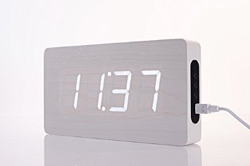 Smileto® Fashion LED wooden Alarm Clock with Date, Thermometer, Sound Control, Remote Control and Hang Wall(White Case White Light)