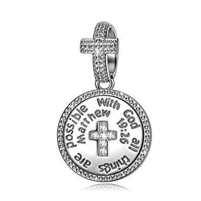 NINAQUEEN Engraved With GOD All Things Are Possible Women Pendant Charm 925 Sterling Silver Cross Religious, 5A Cubic Zirconia Fit for Charm Bracelet, Christmas Gifts, Come with a Gift Packaging