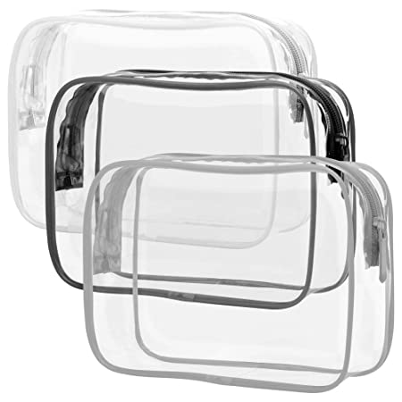 Clear Makeup Bag with Zipper, Packism 3 Pack Beauty Clear Cosmetic Bag TSA Approved Toiletry Bag, Travel Clear Toiletry Bag, Quart Size Bag Carry on Airport Airline Compliant Bag, Black White Grey
