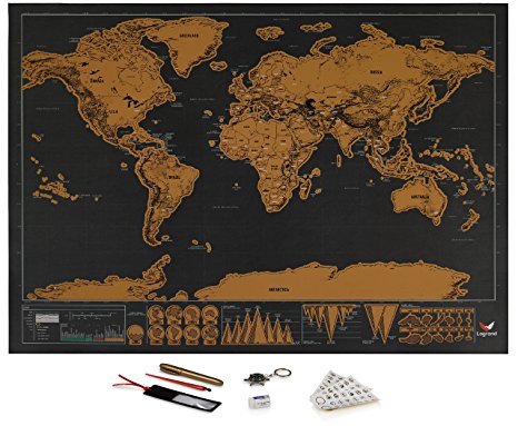 Logrand Scratch Off World Map Poster with 7 FREE Accessories 16.5” x 11.8” | Detailed World Travel Tracker Poster | Premium Scratchable Film and Anti-Tear Paper | Black and Gold Great Traveler's Gift