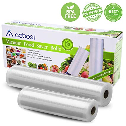 Aobosi Vacuum Sealer Bags Vacuum Food Sealer Rolls Foodsaver BPA Free & LFGB Approved Food Storage Bags 2 Pack Roll 20cm X 6m and 28cm X 6m, for Sous Vide Cooker and All Vaccum Food Sealer Machines