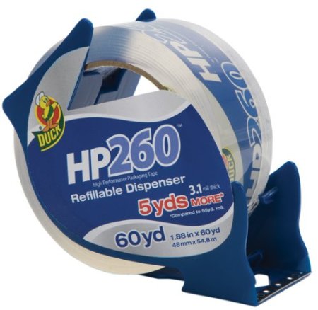 Duck Brand HP260 High Performance 3.1 Mil Packaging Tape with Dispenser, 1.88-Inch x 60-Yard, Crystal Clear, Single Roll (393186)