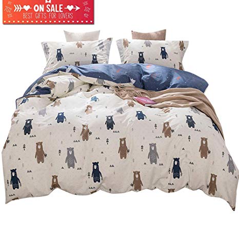 MicBridal Animal Duvet Cover Queen Cute Bear Bedding Sets White/Navy Comforter Cover Soft Comfy Breathable-The Fairy Tale Forest
