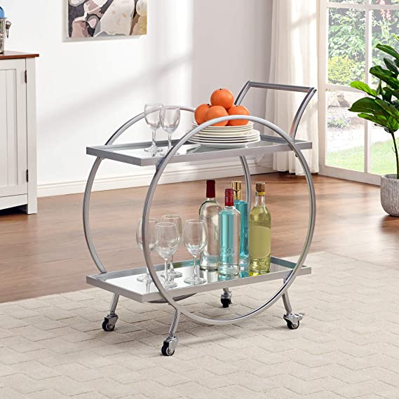 FirsTime & Co. Silver Odessa Bar Cart, 2 Tier Mobile Mini Bar, Kitchen Serving Cart and Coffee Station with Storage for Liquor, Metal and Mirror, Modern