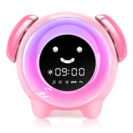 KNGUVTH Kids Alarm Clock, Updated Version Sleep Training Kids Clock with 7 Changing Colors Teach Girls Boys Time to Wake up, 6 Alarm Rings, NAP Timer, Rechargeable Battery USB Charging Clock (Pink)