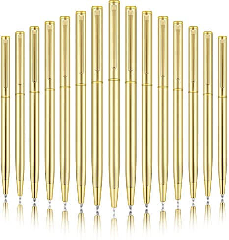 15 Pieces Gold Slim Ballpoint Pens Black Ink 1 mm Medium Point Metallic Retractable Pens Gold Metal Pen for Wedding Business Office Supplies Students Teachers Christmas Present