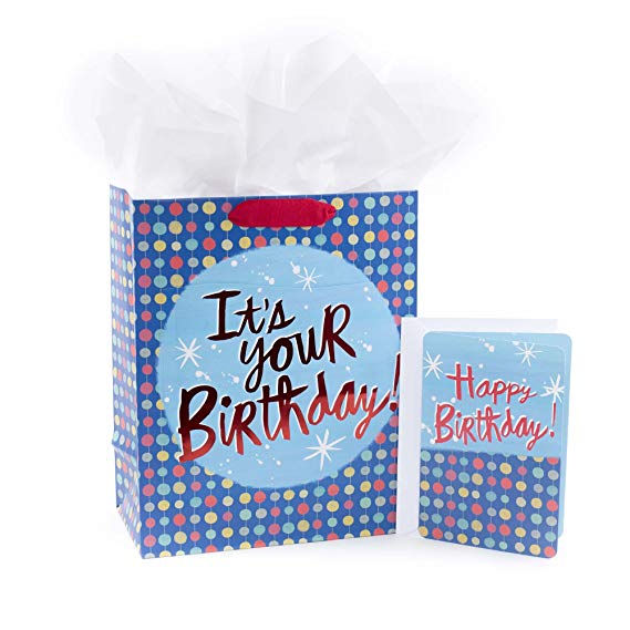 Hallmark 13" Large Gift Bag with Birthday Card and Tissue Paper (It's Your Birthday, Red and Yellow Dots on Blue)
