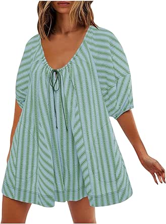 Summer Tshirt Rompers for Women,Casual Striped Puff Short Sleeve Rompers,Adjustable Neck Oversized Jumpsuit with Pockets