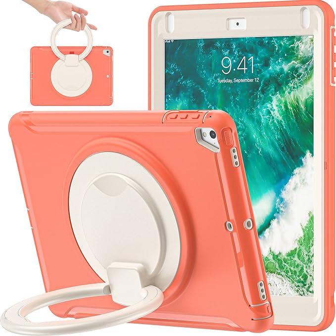 BATYUE iPad 9.7 inch Case for 2018 iPad 6th Gen/ 2017 iPad 5th Gen, iPad Air 2/ iPad Pro 9.7'' case, [Full-Body] Rugged Case with 360° Swivel Stand/Pencil Holder，for Kids,Boys,Girls (Coral Orange)