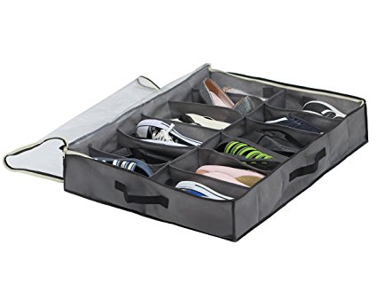 SamiTime 12 Pairs Under Bed Shoe Organizer Closet Storage Solution Organizer Box with Front Zippered Closure-ENLARGED SIZE