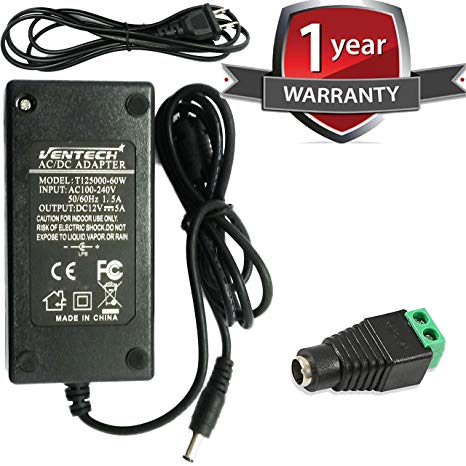 VENTECH 60 Watt (5 Amp) 12 Volt DC LED Light Strip Power Supply 110V AC to 12V DC Transformer - Driver for LED Tape Light and Other Low Voltage Devices (Security Systems, and More)