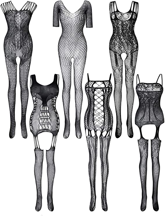 6 Pieces Valentine's Day Women Fishnet Bodystocking Bodysuit Mesh Lingerie Stockings Hollow Fishnet Sleepwear