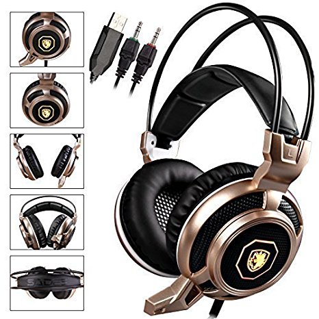 GW SADES Arcmage Updated Version 3.5mm Wired Gaming LED Lighting Headset Over Ear Headphones with Mic for PC/Notebook/Laptop/Mobile Phone(Gold)