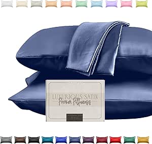 Elegant Comfort Silky and Luxurious 2-Piece Satin Pillowcase Set for Healthier Skin and Hair, Hidden Zipper Closure and Beautifully Packaged, Satin Pillowcase Set, King, Navy Blue