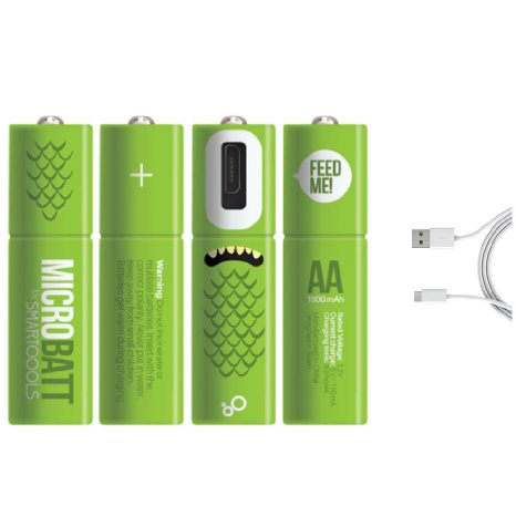 Micro-USB Rechargeable AA/AAA Battery NiMH with Cables (AA 4 Pack)