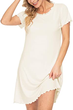 AUHEGN Womens Sleepshirt Short Sleeve Ruffle Seams Nightgown Soft Sleeping Shirts Loungewear Nightshirts