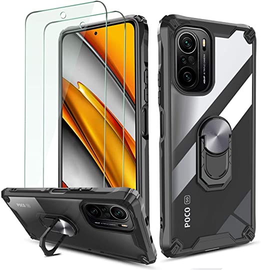 QHOHQ Case for Xiaomi Poco F3 with 2 Pack Screen Protector, [Patented Design] [360° Rotating Stand] [Military Grade Anti-Fall Protection],Transparent Hard PC Back, Soft TPU Edge-Black