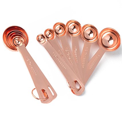 Copper Stainless Steel Measuring Spoons, Set of 6 - Gorgeous & Heavy Duty, Mirror Polished, Ideal For All Ingredients