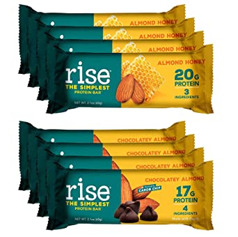 Rise Non-GMO, Gluten Free, Soy Free, Real Whole Food, Whey Protein Bar, No Added Sugar, High Protein Bar with Fiber, Potassium, Vitamins & Nutrients 2.1oz (Chocolatey Almond, Almond Honey) 8 Pack