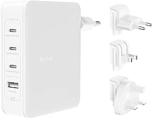 Belkin cargador de pared GaN con 4 puertos de 140 W, 3 puertos USB-C Power Delivery para carga rápida y 1 puerto USB-A, iPhone, Samsung Galaxy, Google Pixel, iPad, MacBook, portátil, tableta y otros