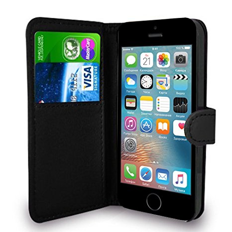 Black Leather Flip Wallet Slim Case Cover Pouch With Card Holder For Apple iPhone SE 5 / 5S and Screen Protector With Polishing Cloth And Stylus Pen