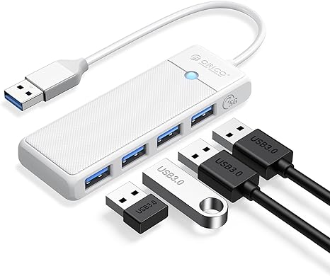 USB 3.0 Hub, ORICO 4-Port USB Hub, Ultra Slim USB Splitter for Laptop for MacBook, Mac Pro, iMac, Surface Pro, XPS, PS5，PC, Flash Drive, Mobile HDD(White/0.5ft)