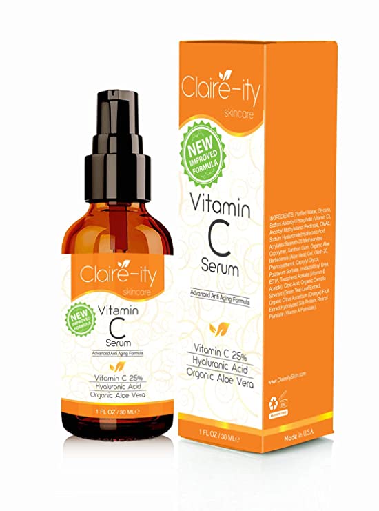 Claire-ity 25% Vitamin C Serum with Hyaluronic Acid and Vitamin E, Organic Topical Anti-Aging Moisturizing Facial Serum for Face, Neck & Décolleté(1 fl. oz)