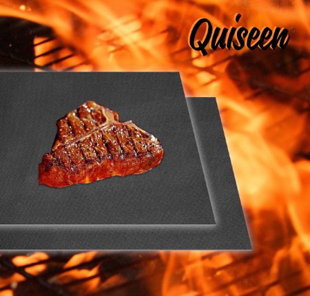 Quiseen BBQ Grill Mat - Set of 2 Mats - PFOA free - High Quality Thick Durable Non-Stick Heat Resistant and Dishwasher Safe