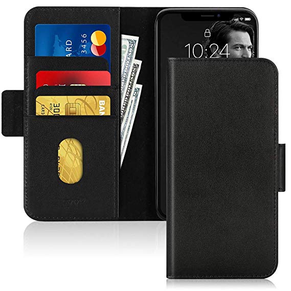 Fyy iPhone 11 Case, [Cowhide Genuine Leather][RFID Blocking] Flip Wallet Phone Case Cover with [Kickstand Function] and [Card Slots] for Apple iPhone 11 6.1 inch (2019) Black