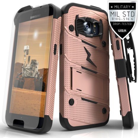 Zizo® Bolt Cover For Samsung Galaxy S7 [.33mm 9H Tempered Glass Screen Protector] included |Military Grade| Case   Kickstand   Lanyard   Holster Clip (Rose Gold/Black)