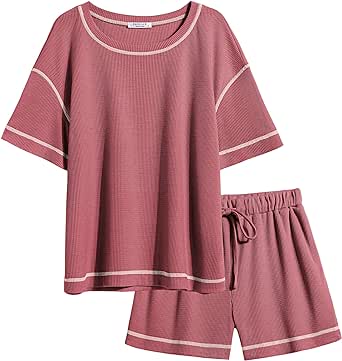 Ekouaer Women Pajama Sets Waffle Knit Lounge Set 2 Piece Outfits Loungewear Matching Set With Pockets