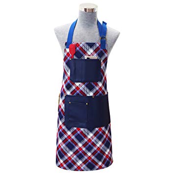 Kitchen Adjustable Neck Strap Bib Plaid Apron for Men and Women with Extra Long Ties and 6 Pockets, 100% Cotton Fabric with Digital Printing Plaid Design for Cooking/Oven mitt (Blue Plaid)