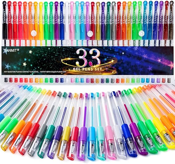TANMIT Gel Pens, 33 Color Gel Pen Fine Point Colored Pen Set with 40% More Ink for Adult Coloring Books, Drawing, Doodling, Scrapbooks Journaling