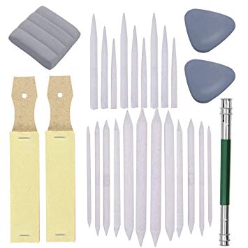 Set of 27 Blending Stumps Tortillions Set Pieces Sandpaper Pencil Sharpener And One Pencil Extension Tool Drawing Art kneaded Erasers And Gloss Erasers For Student Sketch Drawing