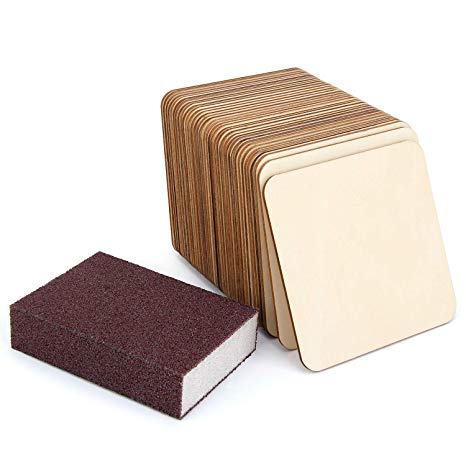 36 Pack 4 Inch Unfinished Wood Pieces Plaque Square Blank Wood with Sanding Sponge Round Corner Wood Coasters Wooden Cutouts for Painting, Writing, DIY Arts Crafts Project, Decoration