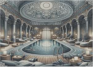 Ambesonne Art Nouveau Jigsaw Puzzle, Panorama of a Cool Calm Hall with Pool Cozy Lounges Painting Style, Heirloom-Quality Fun Activity for Family Durable Cardboard, 1000 pcs, Pale Taupe Blue Grey