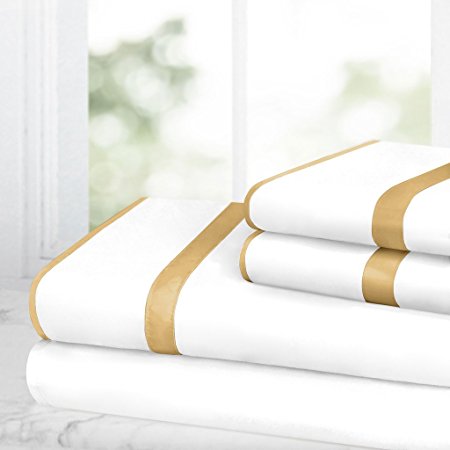 Italian Luxury 4pc Bed Sheet Set - Ultra Soft Microfiber w/ Beautiful Colored Trim and Band Details - Wrinkle & Fade Resistant, Hypoallergenic Sheet & Pillow Case Set - King - White/Gold