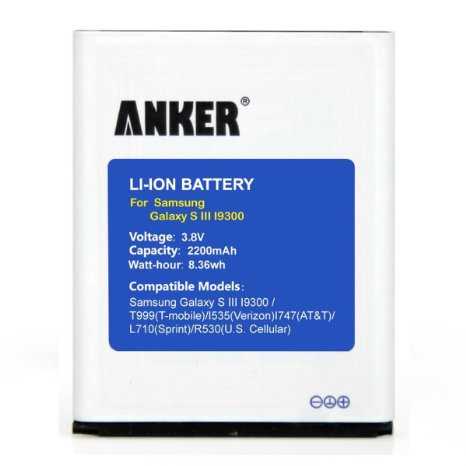Anker 2200mAh Li-ion Battery for Samsung Galaxy S3 S III, I9300, I9305 LTE, Galaxy S3 Neo, fits EB-L1G6LLU, with NFC/Google Wallet Compatibility [18-Month Warranty]