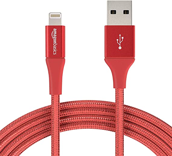 AmazonBasics Double Braided Nylon Lightning to USB Cable, Advanced Collection, MFi Certified iPhone Charger, Red, 10 Foot