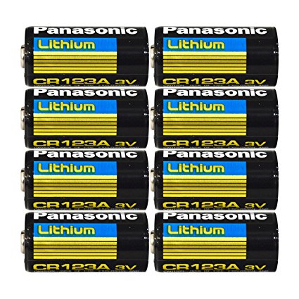 Panasonic CR123A Lithium 3V Photo Lithium Batteries , 0.67" Dia x 1.36" H (17.0 mm x 34.5 mm) , black, Gold, Blue (Pack of 8)