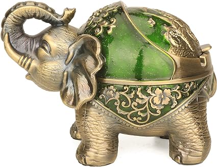 LAUYOO Elephant Decorative Ashtray with Lid for Cigarettes Metal Smoking Ash tray Ashtrays for Smoker Windproof Cigarette ashtrays for Outdoor Indoor Fancy Gift for Men Women Weed Smokers (Dark Green)