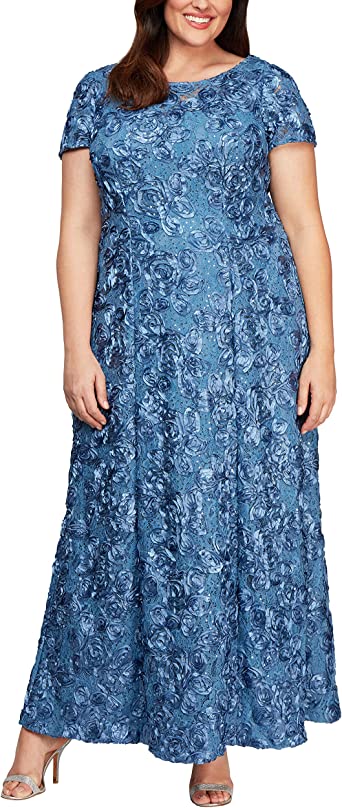 Alex Evenings Women's Plus Size Short Sleeve Long A-line Rosette Lace Dress