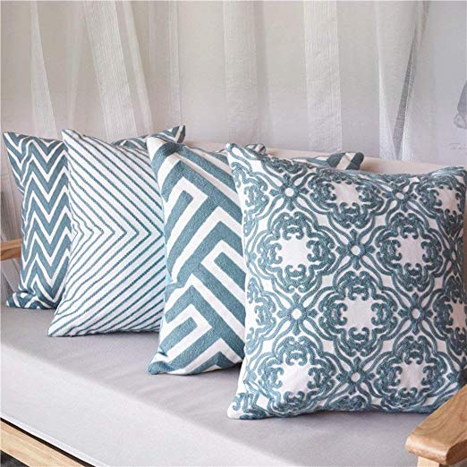 MOCOFO Decorative Geometric Pattern Throw Pillow Covers Embroidered Set of 4 Cushion Covers 18 x 18 inch