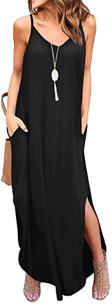 GRECERELLE Women's Summer Casual Loose Dress Beach Cover Up Long Cami Maxi Dresses with Pocket